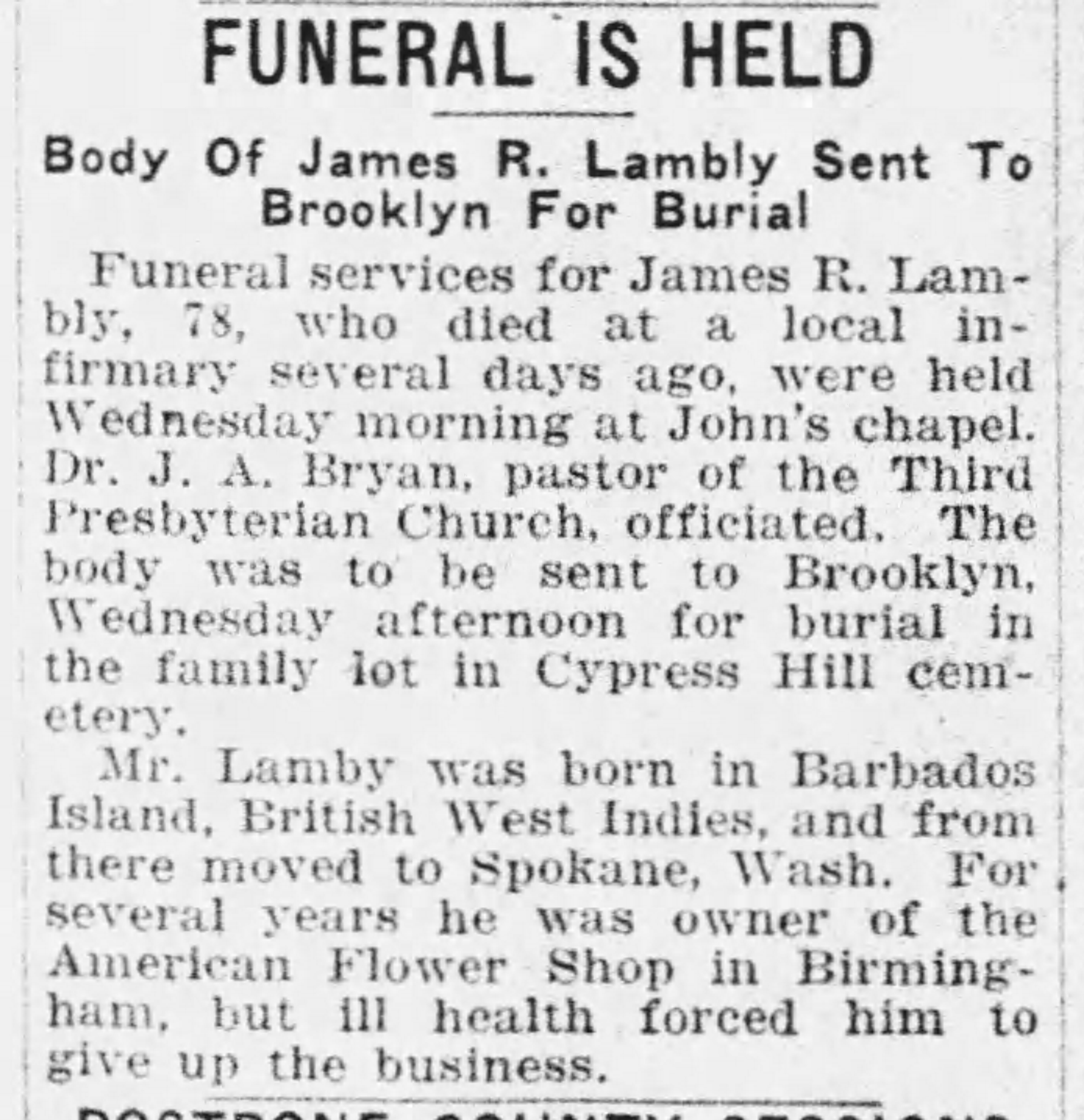 Body of James R. Lambly Sent To Brookly for Burial